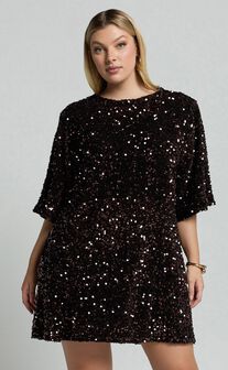 Valetta Mini Dress - Sequin low back shift dress in Chocolate