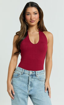 Suzanna Bodysuit - V Neck Halter Bodysuit in Wine