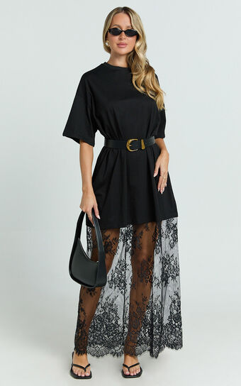 Jonna Top - Longline Lace Insert Tee in Black