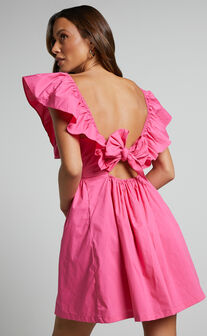 Raiza Mini Dress - Ruffle Sleeve Tie Back Plunge Dress in Fuchsia