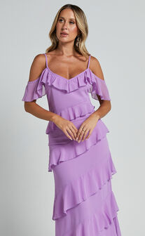 Celaya Maxi Dress - Strappy V Neck Off Shoulder Tiered Frill Detail in Lilac