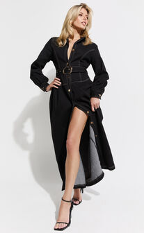 Brienna Midi Dress - Long Sleeve Contrast Stitching Belt Detail Denim Midi Dress in Black
