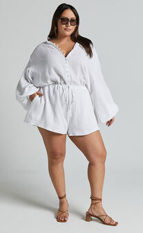 Laylani Playsuit - V Neck Puff Sleeve in White