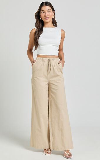 Abbey Pants - Wide Leg Drawstring Linen Look Pants in Natural