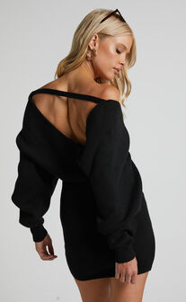 Don't Fall Down Mini Dress - Long Sleeve Knit Dress in Black