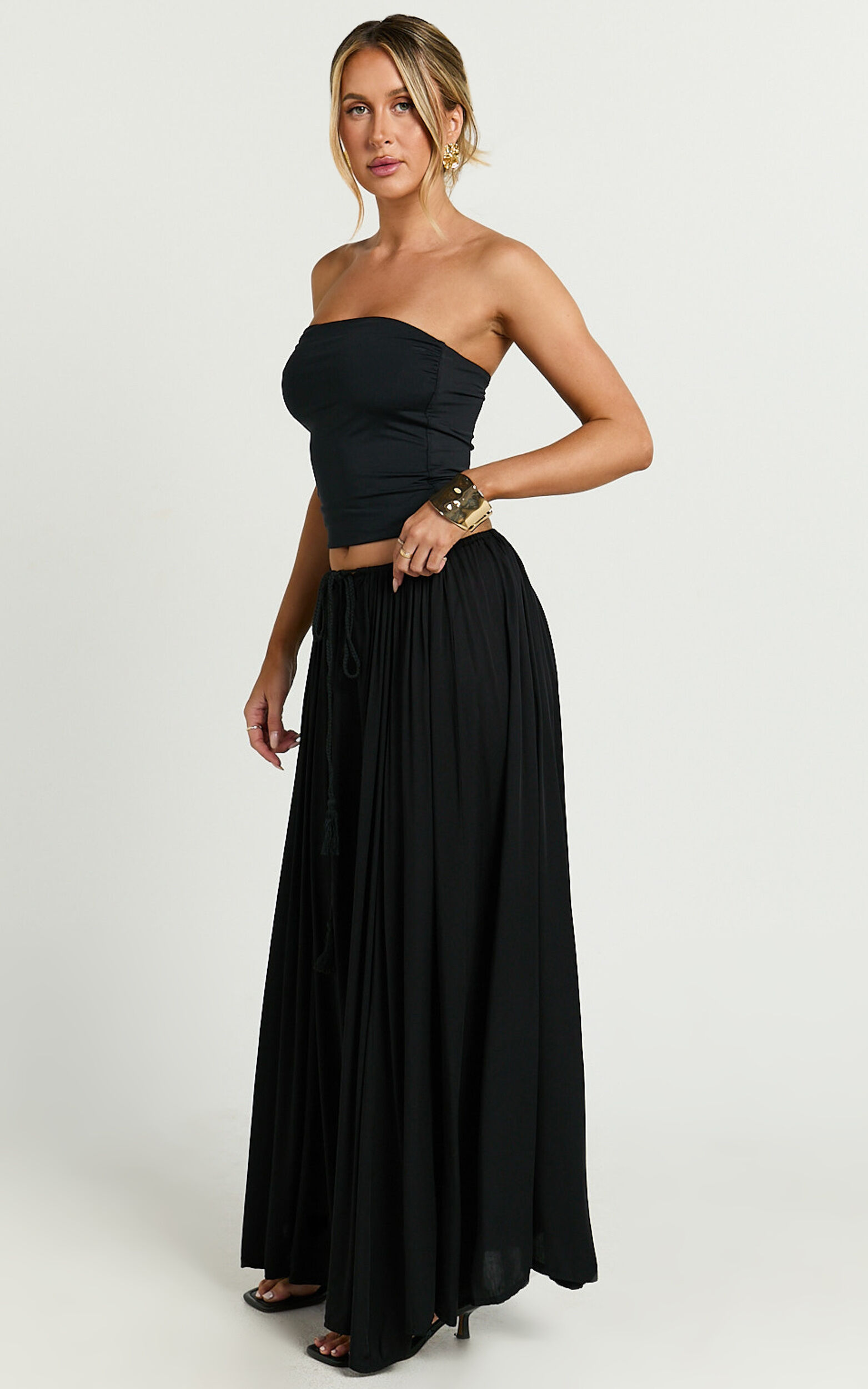 Under The Twilight Maxi Skirt Thigh Split Skirt in Black Showpo