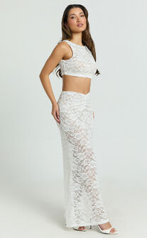 Demetria Two Piece Top and Skirt Set - Boat Neck Crop Top and Gathered Waist Maxi Skirt Set in White