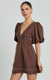 Tallie Mini Dress - Linen Look Puff Sleeve A Line Dress in Chocolate ...