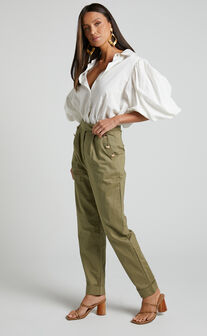 Amalie The Label - Mael Linen Blend High Waisted Tapered Pants in Khaki