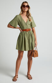 Staycation Mini Dress - Smock Button Up Dress in Khaki | Showpo USA