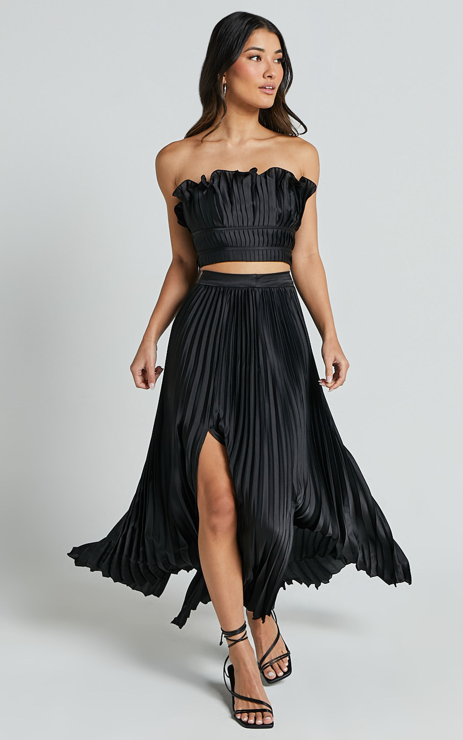 Reign Two Piece Set Ruffle Crop Top and Thigh Split Midi Skirt in Black