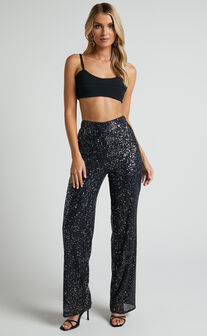 Izzie Pant - Sequin High Waisted Straight Leg Pant in Black