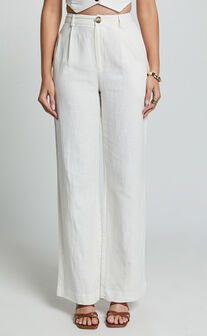 Bree Pants - Linen Look Mid Rise Relaxed Straight Leg Tailored Trousers in White