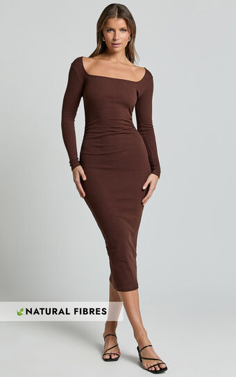 Lucy Midi Dress - Ribbed Side Ruched Bodycon Dress in Espresso