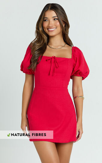 Jules Mini Dress - Puff Sleeve Square Neck Fit And Flare Dress in Red