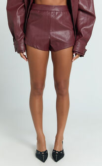Rosetta Shorts - PU Fitted Micro Shorts in Wine