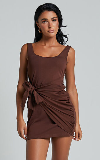 Angeni Mini Dress - Scoop Neck Wrap Dress in Dark Oak