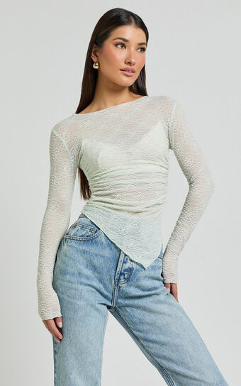 Ellie Top - Asymmetrical Sheer Lace Top in Silver Sage