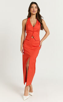 Kai Midi Skirt - Mid Waisted Front Split Fitted Skirt in Orange