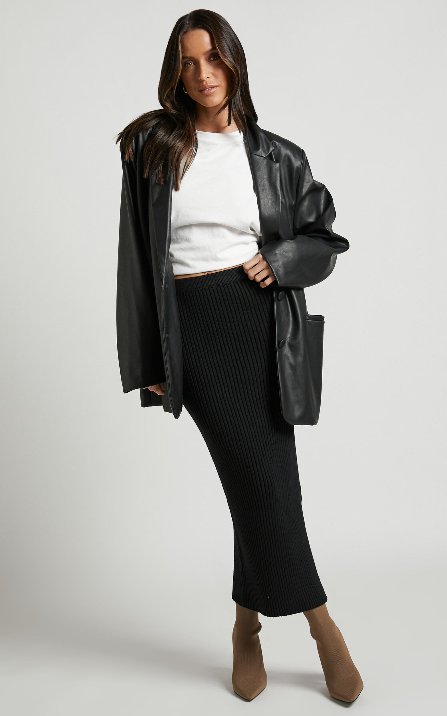 Andalucia Midi Skirt - Ribbed Side Split Skirt in Black - 04, BLK1