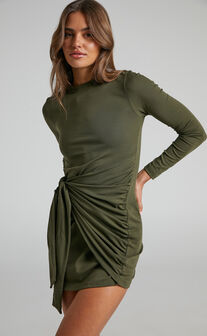 Marleen Mini Dress - Wrap Front Long Sleeve Bodycon Dress in Khaki