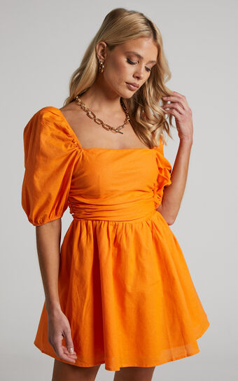 Claudina Mini Dress - Linen Look Puff Sleeve Ruched Bodice Dress in Bright Orange