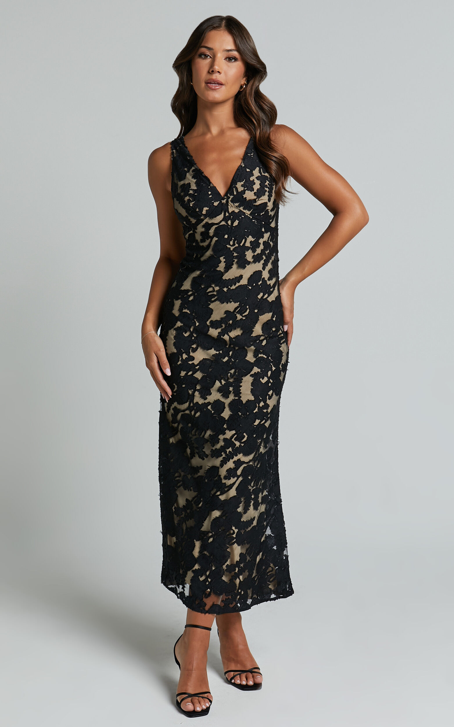 Black V Neck Slip Dress With Lace Detail | SilkFred