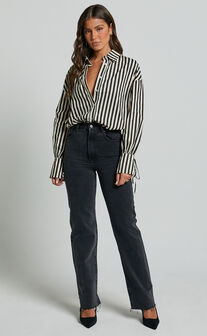 Cazie Shirt - Tie Cuff Long Sleeve Shirt in Black & Cream Stripe
