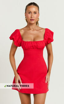 Ginny Mini Dress - Square Neck Ruched Bodice Puff Sleeve Straight Dress in Red