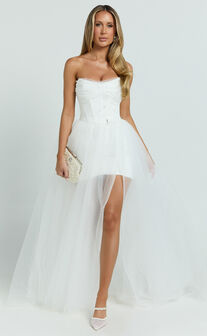 Kelsey Mini Dress - Beaded Strapless Corset Panel Dress with Detachable Tulle Skirt in White
