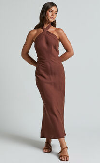 Maelynn Midi Dress - Linen Look Twist Halter Neck Low Back Slip Dress in Chocolate