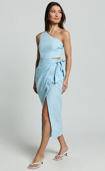 Rina Midi Dress - One Shoulder Side Cut Out Wrap Dress in Blue