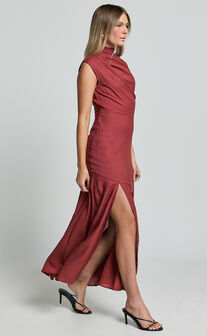 Arielle Maxi Dress - High Neck Thigh Split Slip Dress in Chestnut