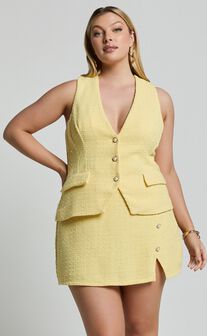 Mika Top - Boucle Plunge Neck Pearl Button Vest in Lemon