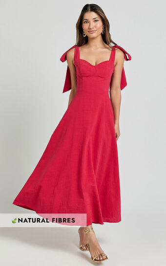 Tymia Midi Dress - Shoulder Tie Bustier Shirred Back A Line in Red