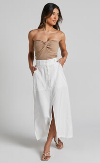 Abigail Midi Skirt - Front Split High Waisted Cargo Skirt in White