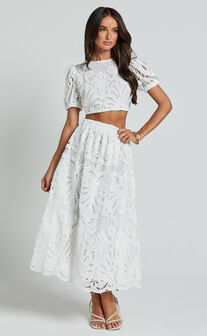 Sveta Two Piece Set - Lace Short Puff Sleeve Open Back Crop Top and Midi Skirt Set in White