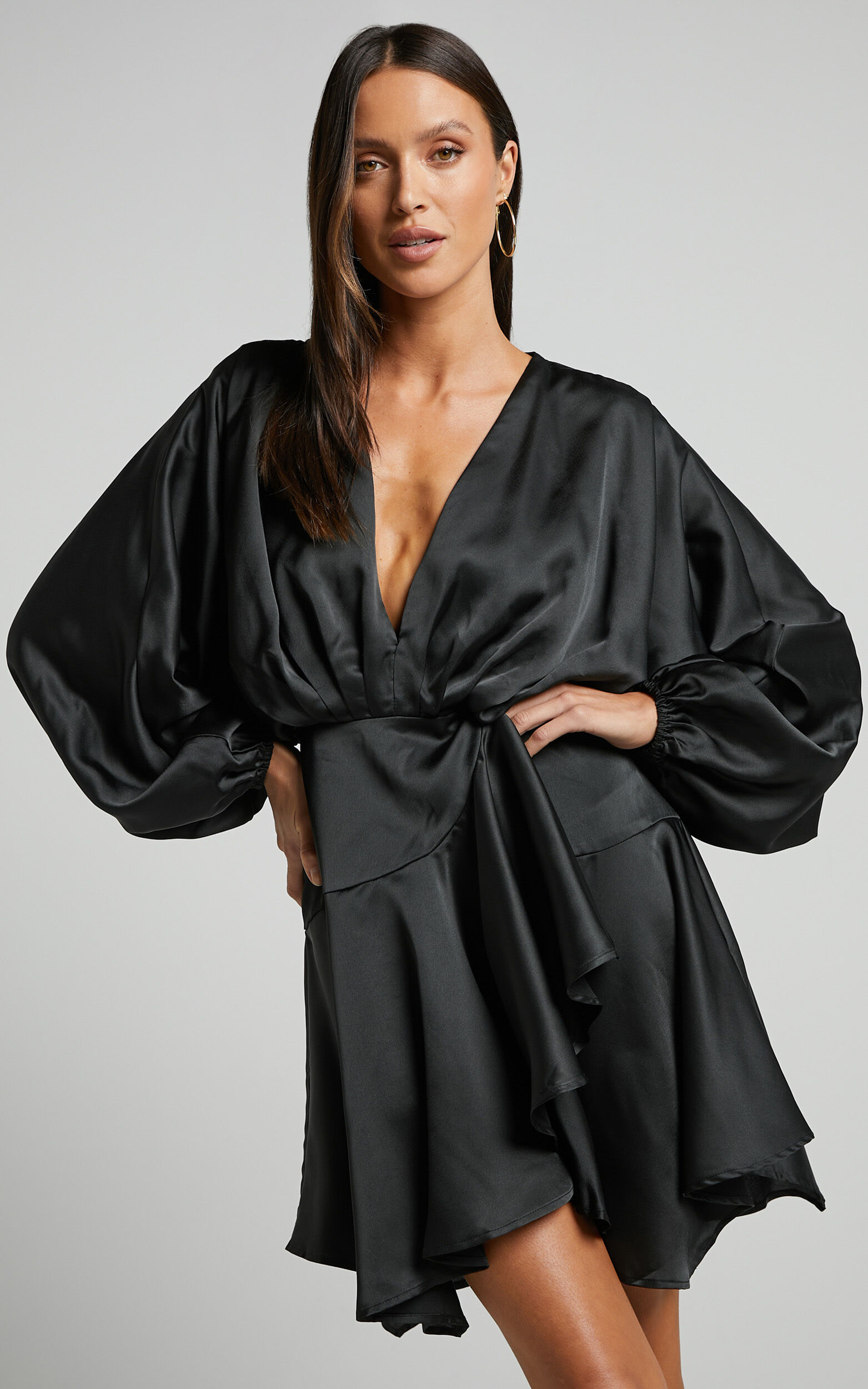 Campbell Mini Dress V Neck Wrap Skirt Batwing Sleeve Dress in Black Showpo