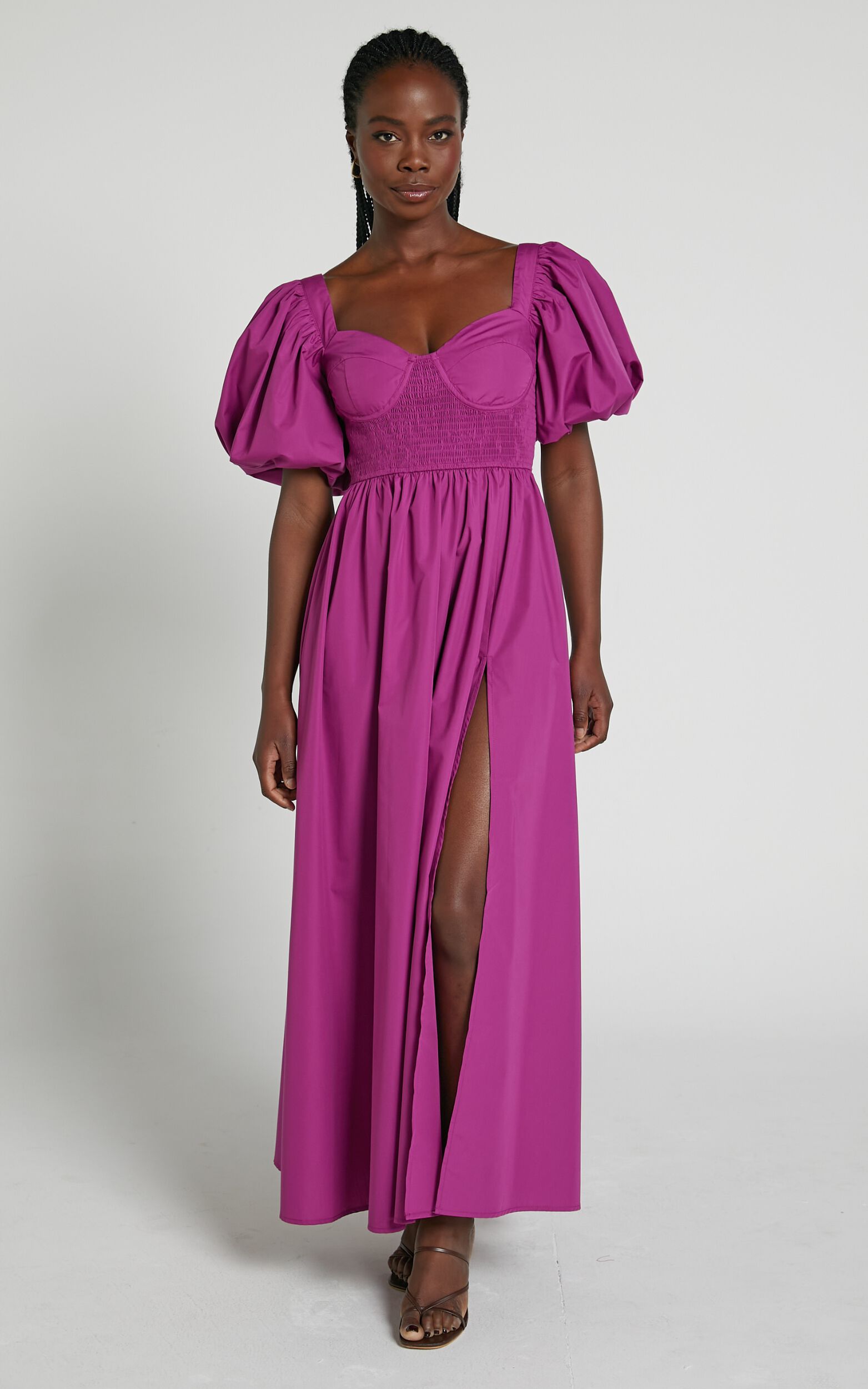 Raiza Midi Dress - Shirred Waist Puff Sleeve Dress in Orchid | Showpo USA