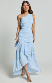 Sasha Midi Dress - One Shoulder Side Cut Out Asymmetrical Dress in Ice ...