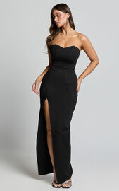 Oriella Midi Dress - Panelled Thigh Split Strapless Dress in Black | Showpo