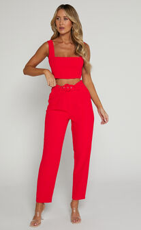 Reyna Two Piece Set - Crop Top and Tailored Pants Set in Red