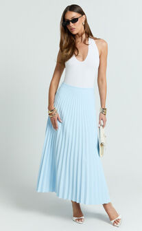 Harlee Midi Skirt - Pleated High Waist A Line Skirt in Pastel Blue