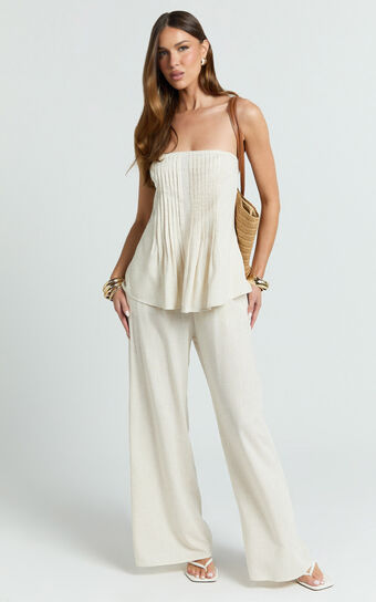 Carli Two Piece Top and Pants Set - Cotton Tube Pant Set in Cream