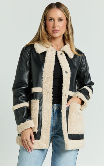 Ruth Jacket - Faux Shearling Aviator Jacket in Black