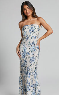 Bellene Maxi Dress - Satin Bias Cut Strapless Slip Dress in White and Blue Floral