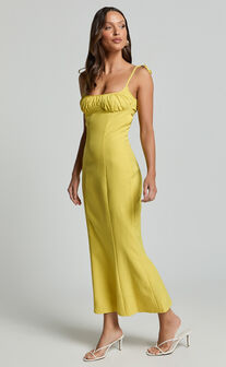 Karina Midi Dress - Ruched Bust Tie Shoulder Fit and Flare Dress in Lemon