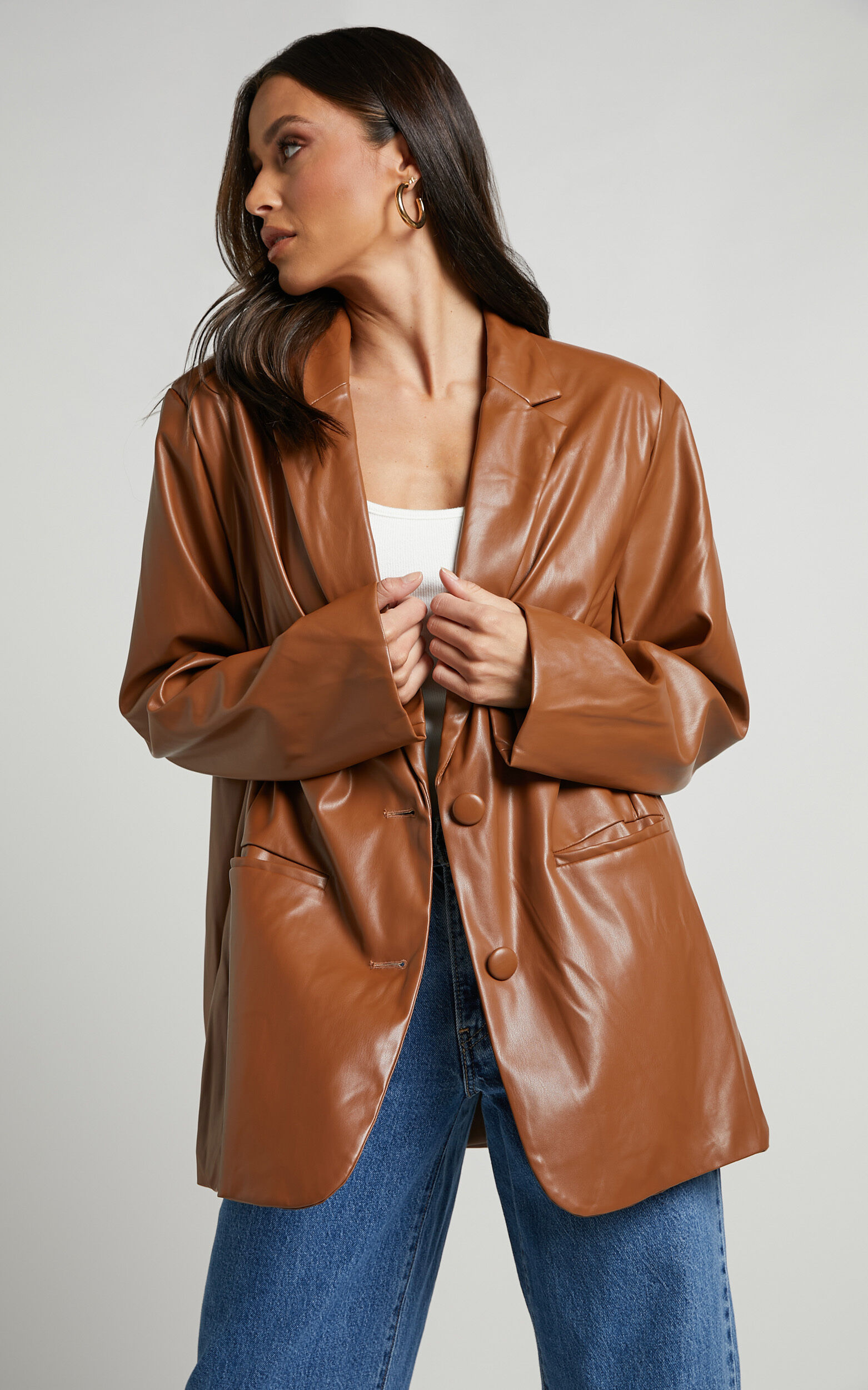 Tan faux leather jacket sale