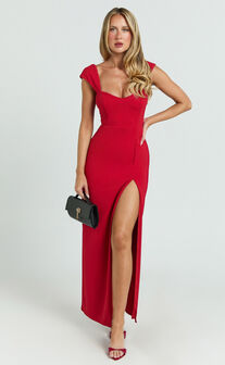 Gabrielle Maxi Dress - Cap Sleeve Sweetheart Neck Bodycon Dress in Red