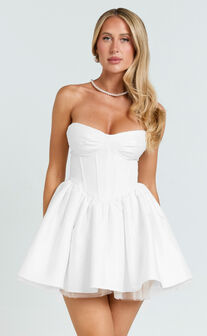 Charlize Mini Dress - Satin Sweetheart V Waist Fit And Flare Dress in White